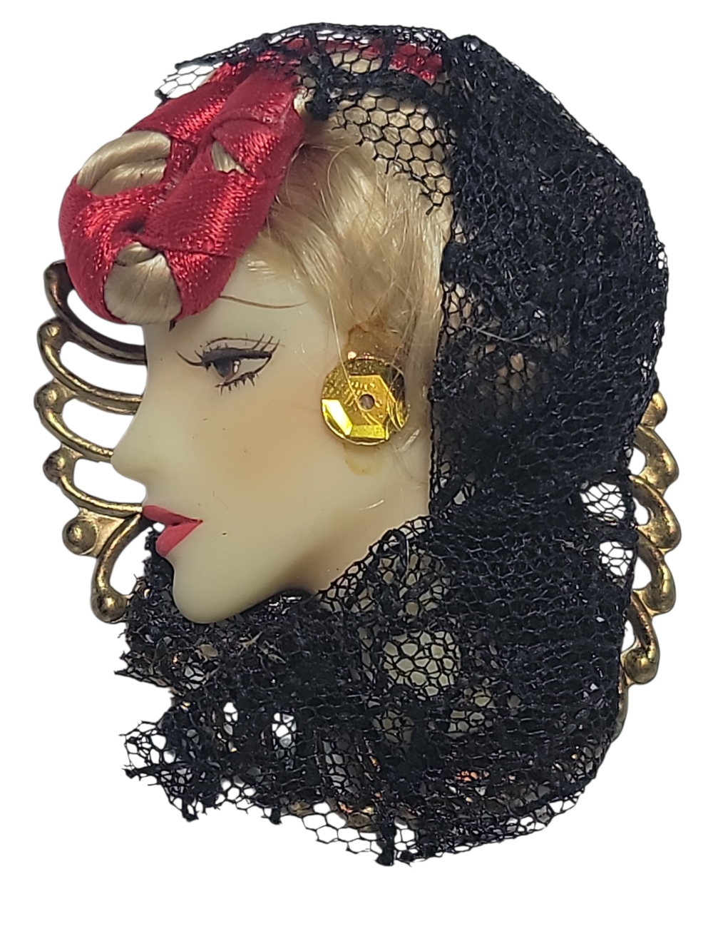 Vintage Flamenco Lady Brooch Spanish Dancer Face Pin Lace Veil Statement Jewelry